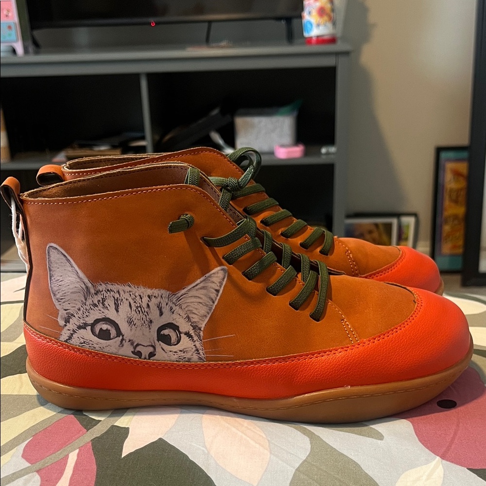Orange and Brown Ankle Boots with Cat Design